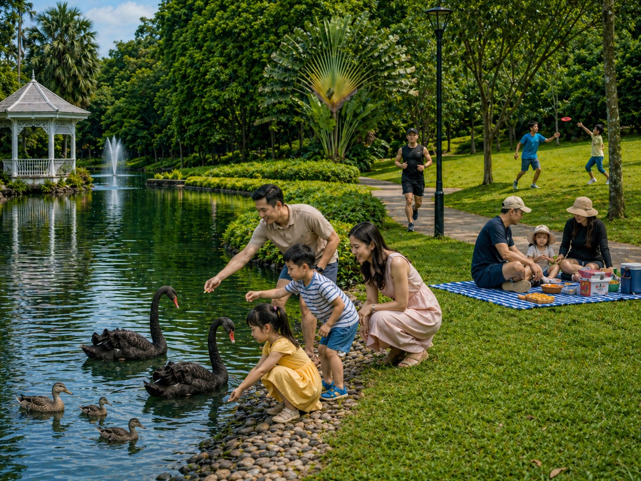 Picture 1 — a family crouched at a park lake feeding two black swans and ducks, with a white gazebo and fountain on the left, a picnic family, a jogger and children playing in the background.